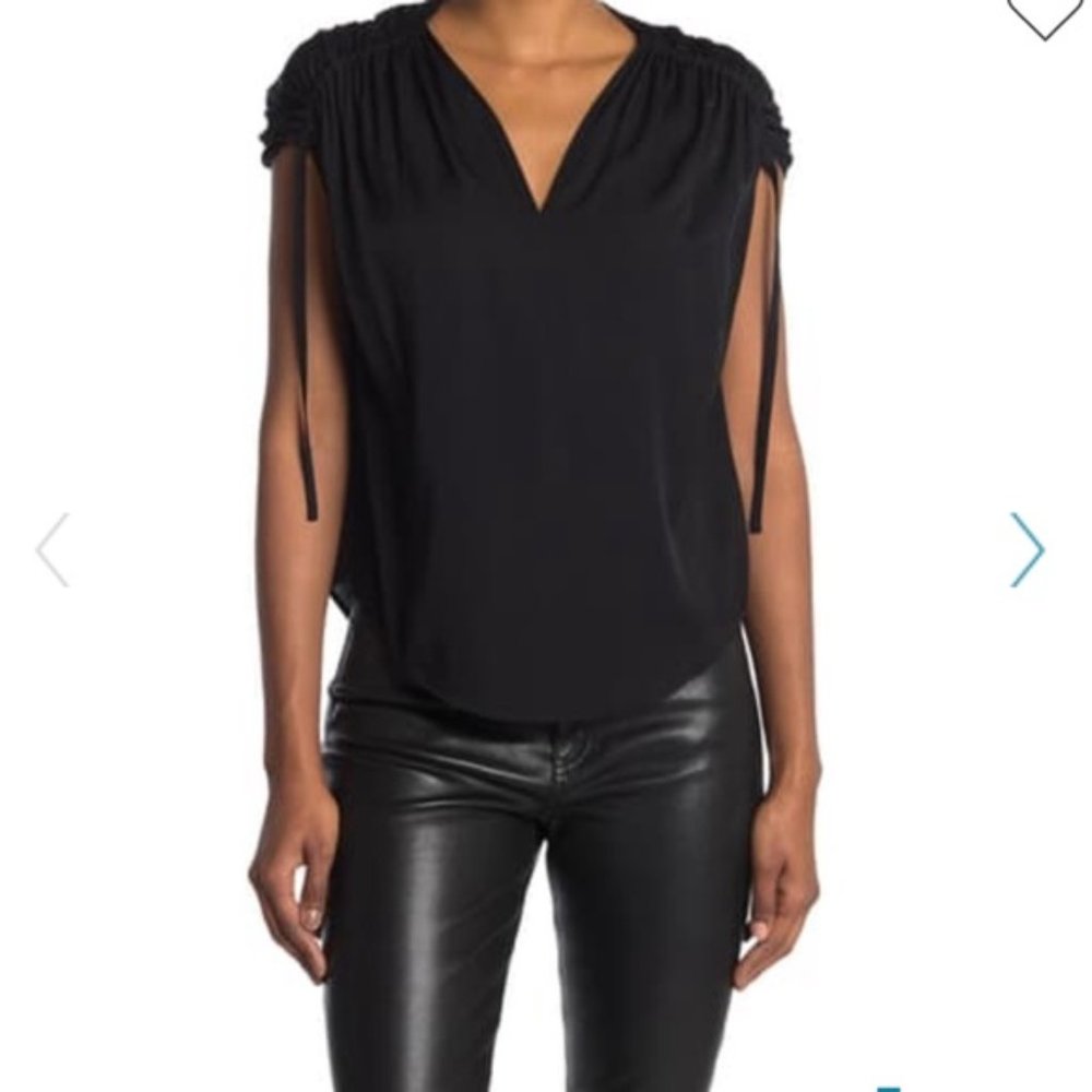 Vince Black Gathered Shoulder Tie-Sleeve V-Neck Blouse